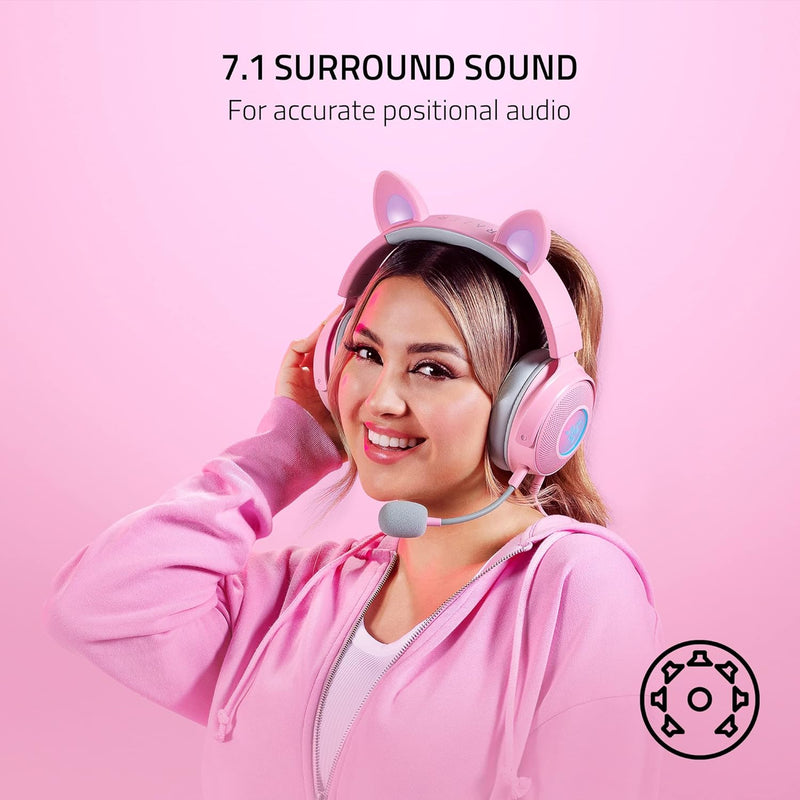 سماعة الرأس Razer Kraken Kitty V2 Pro السلكية RGB: آذان قابلة للتبديل (كيتي، الدب، الأرنب) - بث الإضاءة التفاعلية - ميكروفون قلبي فائق الوضوح قابل للفصل - محركات 50 مم - صوت محيطي 7.1