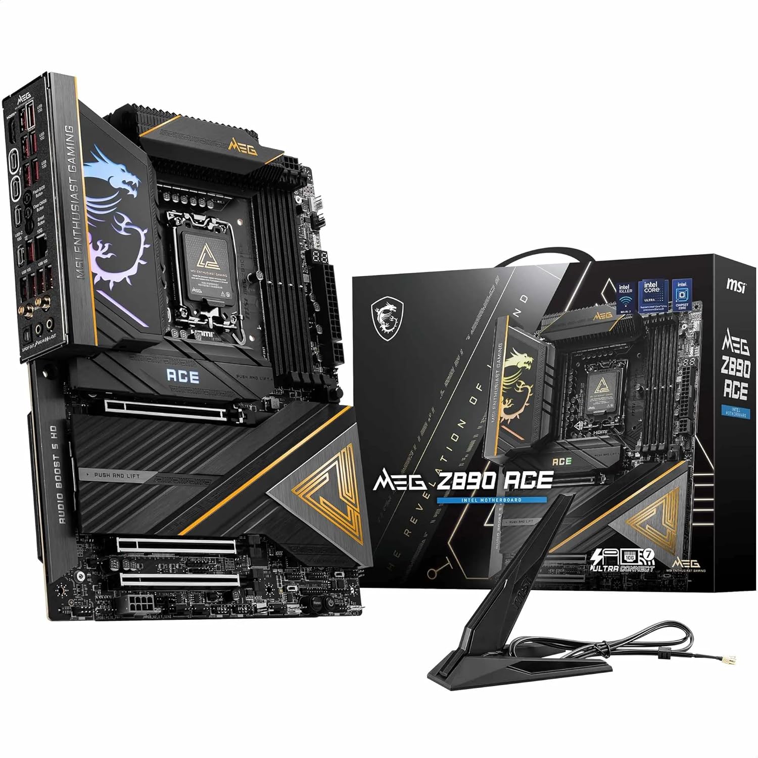 لوحة أم MSI MEG Z890 Ace LGA 1851 ATX، شريحة Intel Z890، 4 فتحات DDR5 UDIMM، ذاكرة بحد أقصى 256 جيجابايت، Wi-Fi 7 وBT 5.4، 3 فتحات PCI-E x16، 5 فتحات M.2، لون أسود