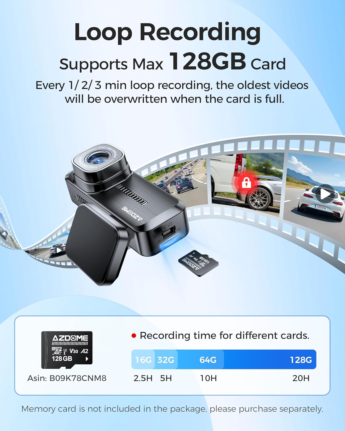 AZDOME M200 1080P WiFi Mini Dash Cam – Hidden Front Car Camera with Night Vision, G-Sensor, 24H Parking Mode, Loop Recording, AZDOME App Support, Up to 128GB