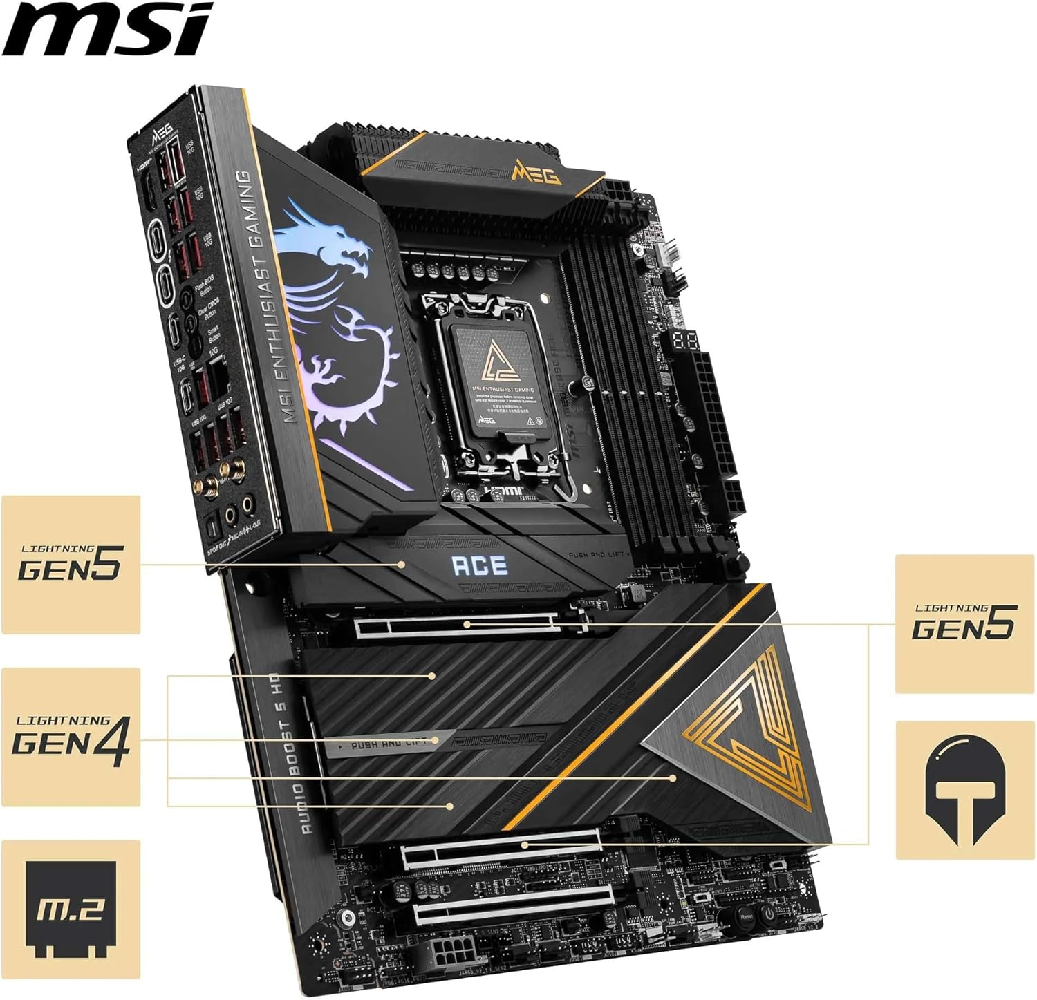 MSI MEG Z890 Ace LGA 1851 ATX Motherboard, Intel Z890 Chipset, 4x DDR5 UDIMM Slots, Up to 256GB Max Memory, Wi-Fi 7 & BT 5.4, 3x PCI-E x16 Slots, 5x M.2 Slots, Black