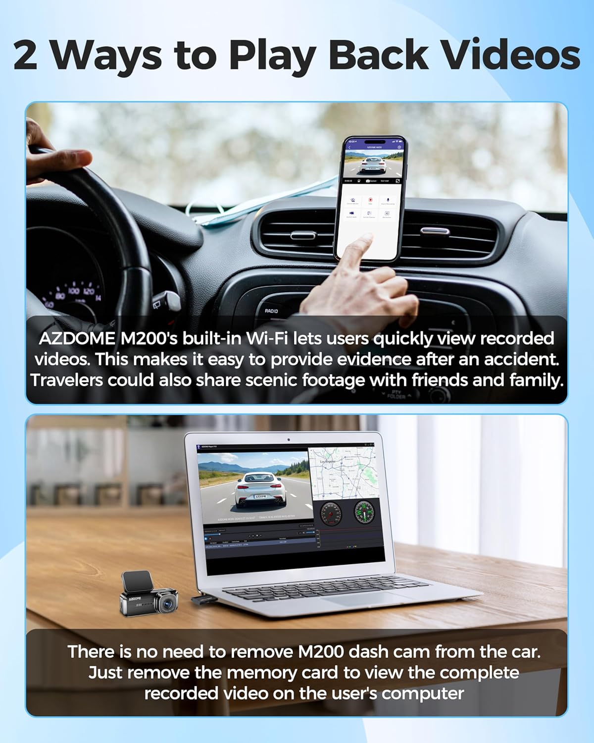 AZDOME M200 1080P WiFi Mini Dash Cam – Hidden Front Car Camera with Night Vision, G-Sensor, 24H Parking Mode, Loop Recording, AZDOME App Support, Up to 128GB