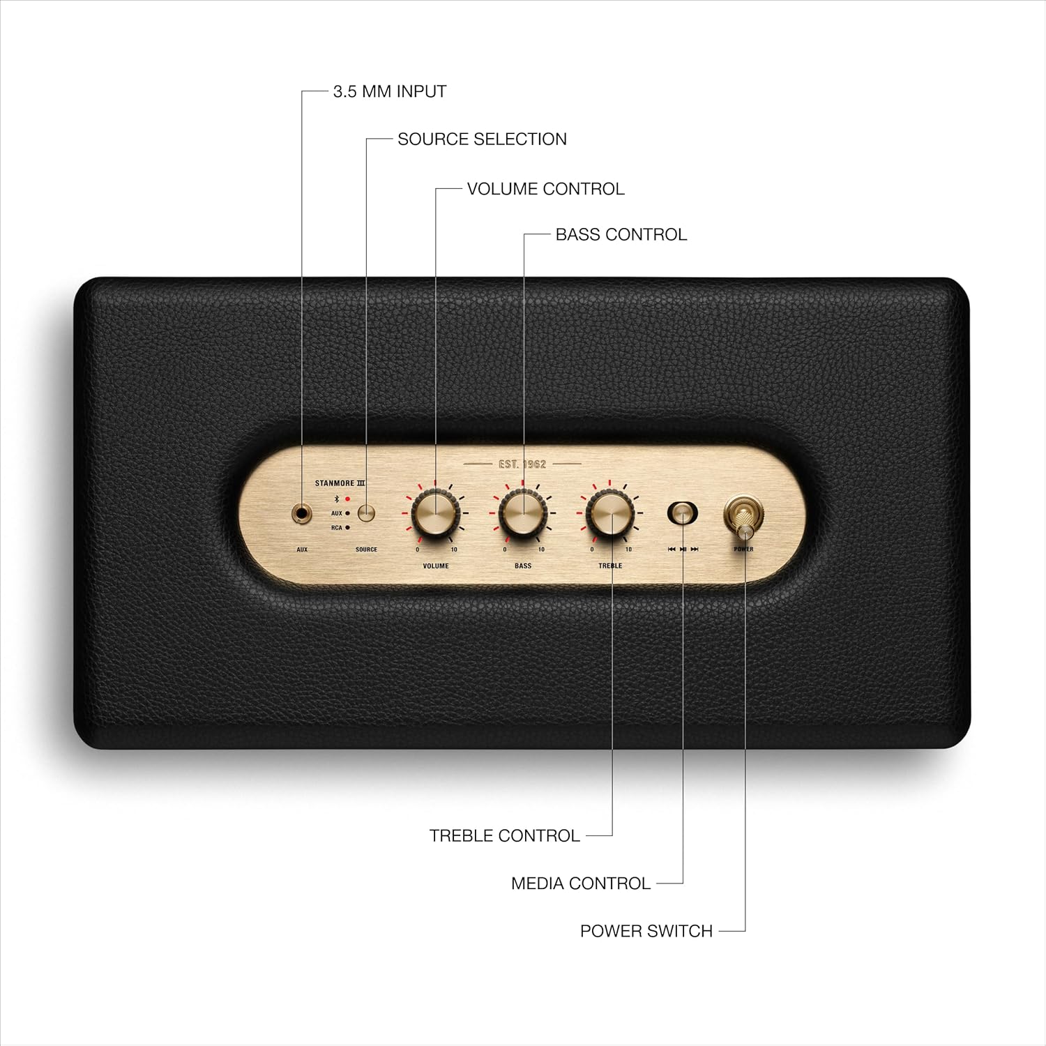 مكبر صوت Marshall Stanmore III Bluetooth المنزلي - صوت ستيريو عالٍ مع تحكم في الجهير والطبقات العالية، يعمل بالكهرباء، متوافق مع مشغل الأسطوانات، مدخلات RCA و3.5 مم أوديو - أسود