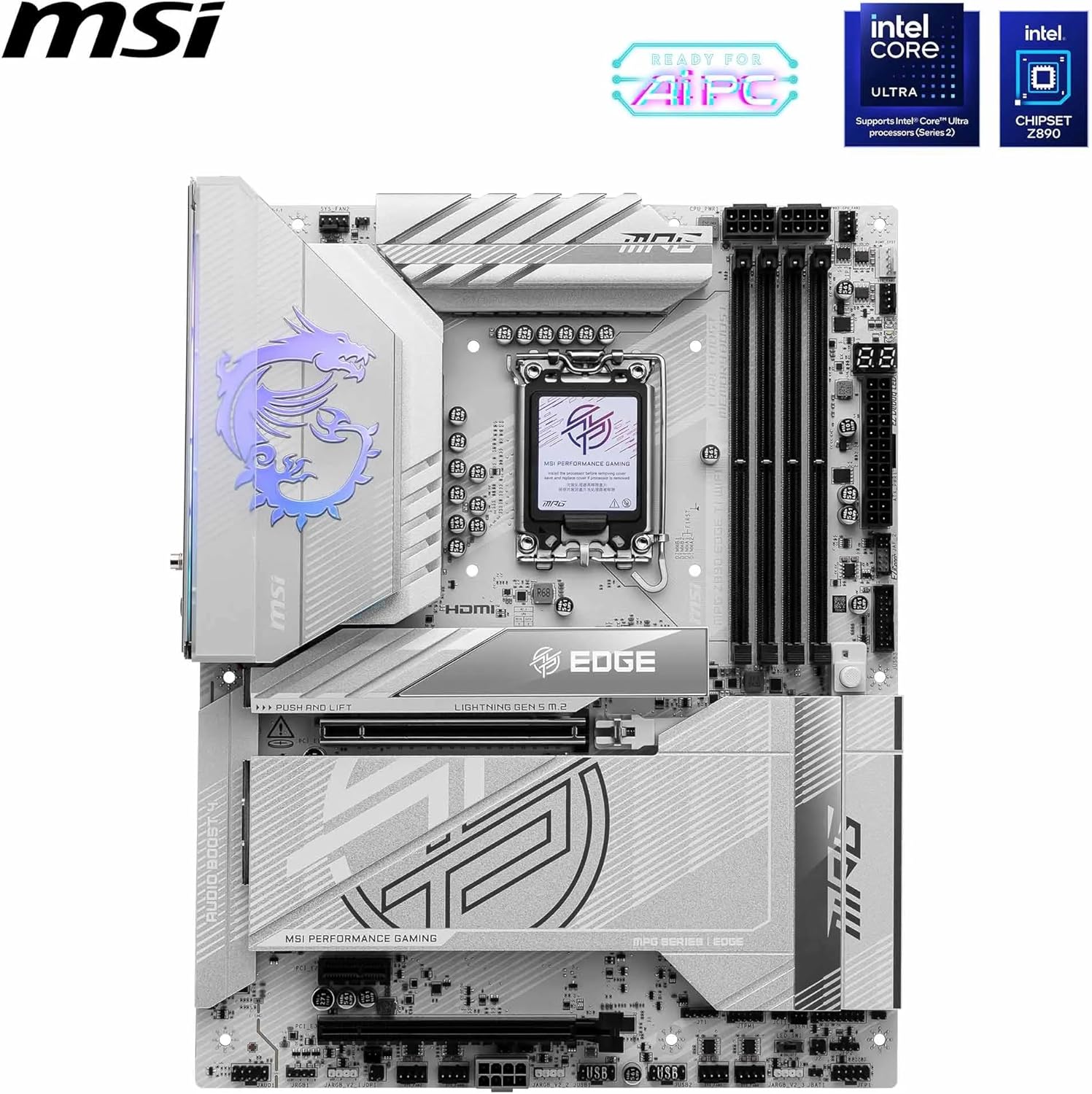 لوحة أم MSI MPG Z890 EDGE TI WIFI، ATX - تدعم معالجات Intel Core Ultra (السلسلة 2)، LGA 1851 - 90A SPS VRM، DDR5 Memory Boost (9066+ MT/s OC)، PCIe 5.0 x16 و4.0 x16، M.2 Gen5، Wi-Fi 7، 5G L