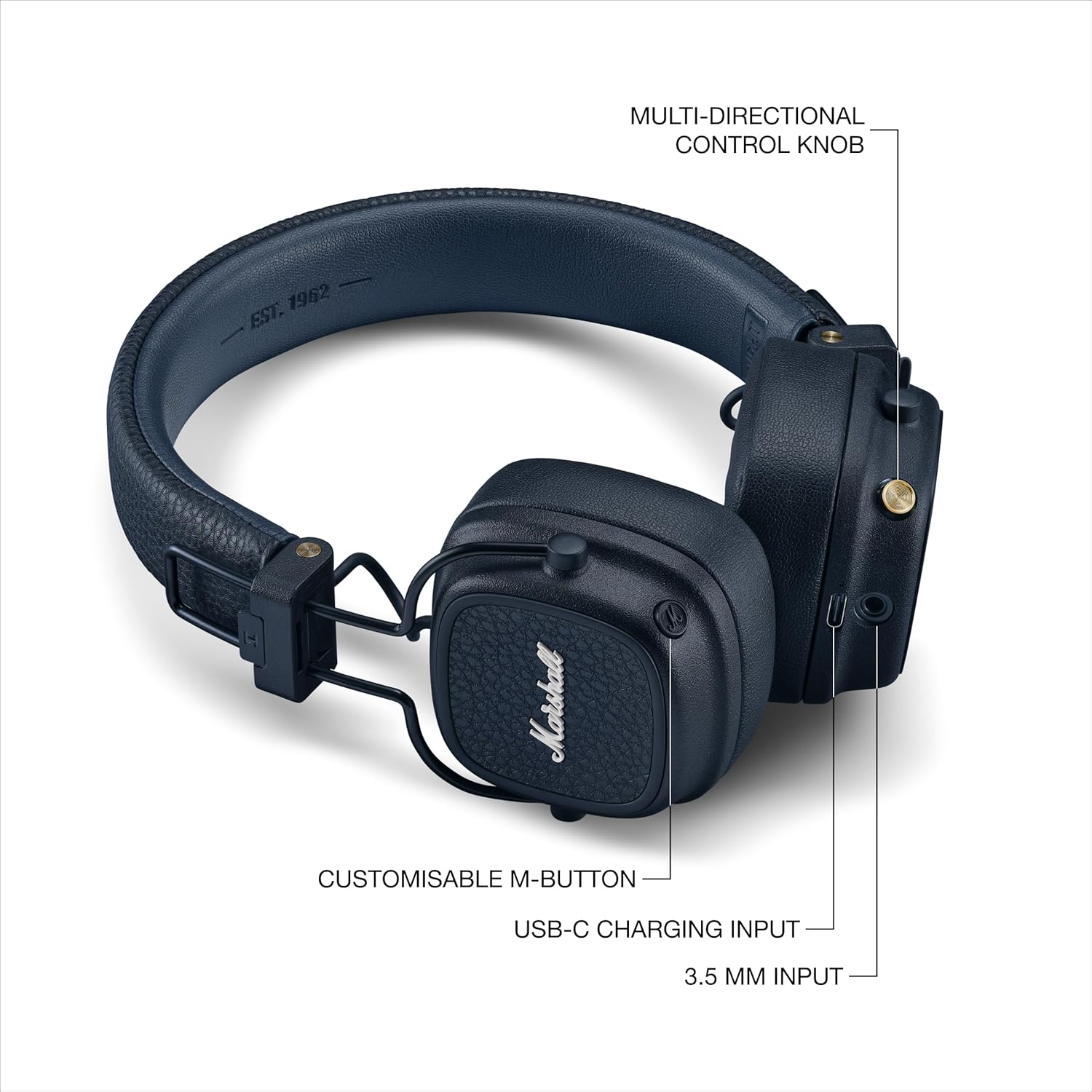 Marshall Major V Wireless On-Ear Bluetooth Headphones - 100+ Hr Playtime - Detachable Audio Cable - Microphone for Calls - Lightweight, Foldable Design for Travel - Midnight Blue