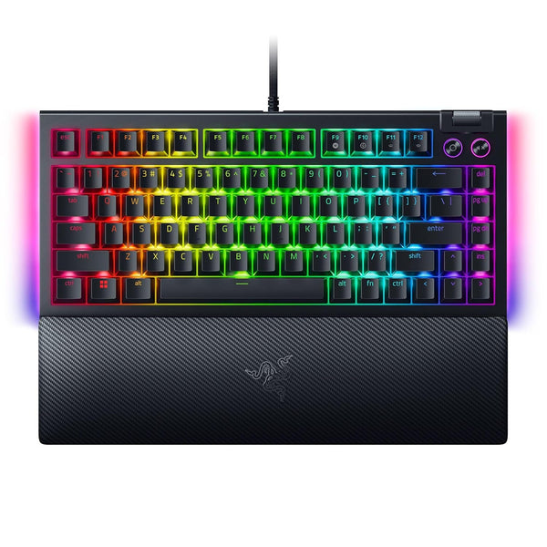 لوحة مفاتيح ميكانيكية للألعاب Razer BlackWidow V4 75%: تصميم قابل للتبديل السريع، مفاتيح لمسية مدمجة ومتينة، برتقالية اللون، أسطوانة Chroma RGB-MF ومفاتيح الوسائط، مسند معصم مريح - أسود