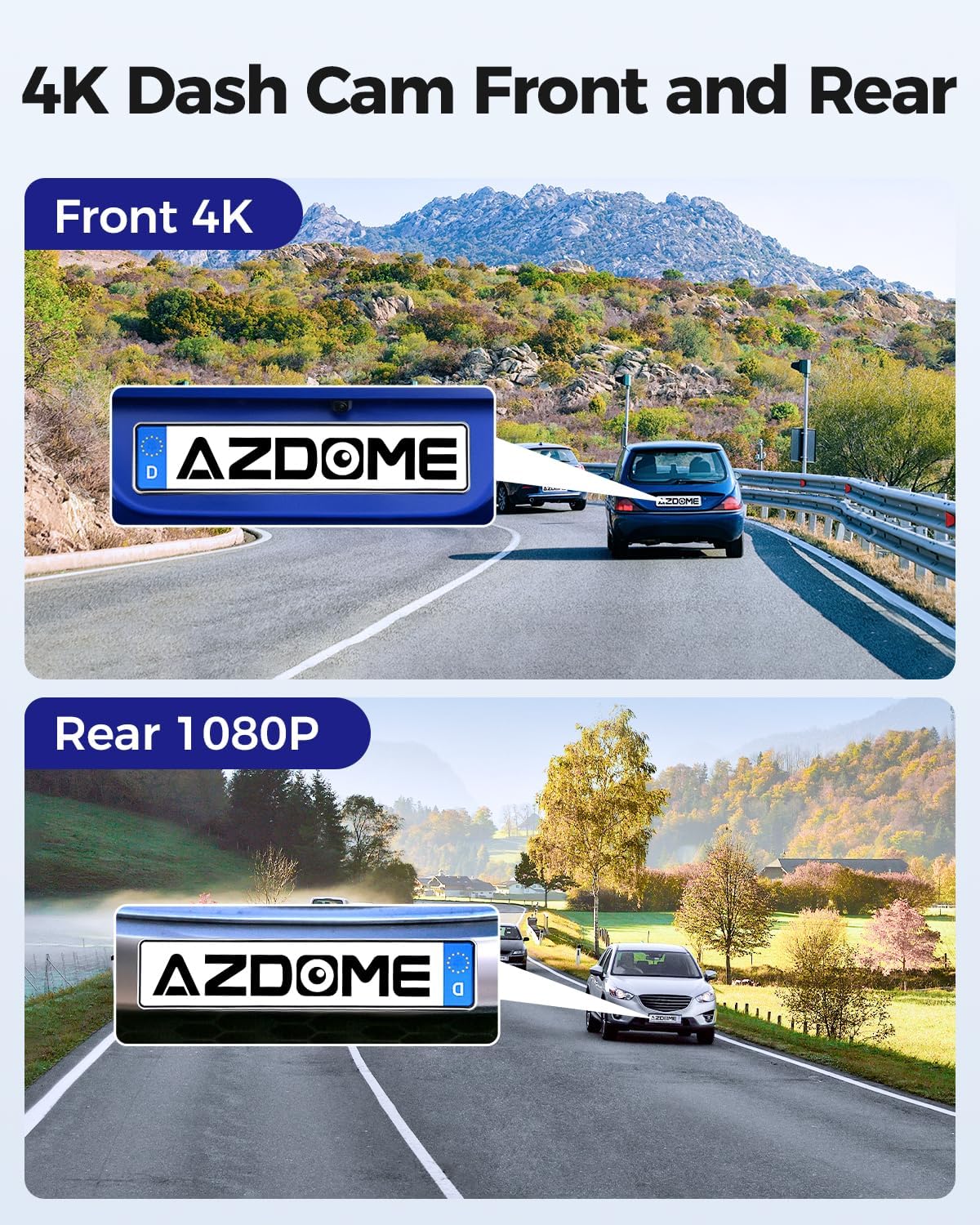 كاميرا داش AZDOME M300S 4K أمامية وخلفية – واي فاي 5.8G، GPS، زاوية واسعة 170°، بطاقة SD سعة 64GB مرفقة، تحكم صوتي، رؤية ليلية، مستشعر صدمات، مراقبة ركن 24 ساعة، تدعم حتى 256GB