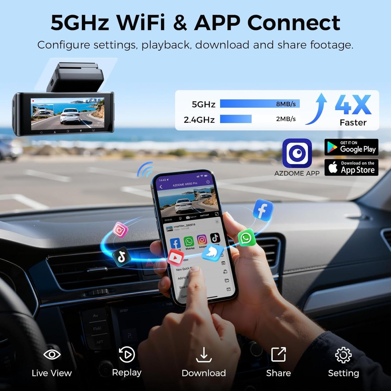 AZDome M550 Pro 2CH 4K Dash Cam with 3.19” IPS Screen, Dual Channel Front & Rear Recording, Built-in GPS & 5G WiFi, IR Night Vision, 24H Parking Mode, Parking Monitor & G-Sensor