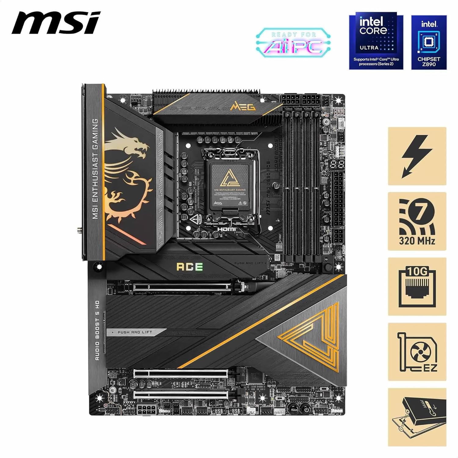 لوحة أم MSI MEG Z890 Ace LGA 1851 ATX، شريحة Intel Z890، 4 فتحات DDR5 UDIMM، ذاكرة بحد أقصى 256 جيجابايت، Wi-Fi 7 وBT 5.4، 3 فتحات PCI-E x16، 5 فتحات M.2، لون أسود