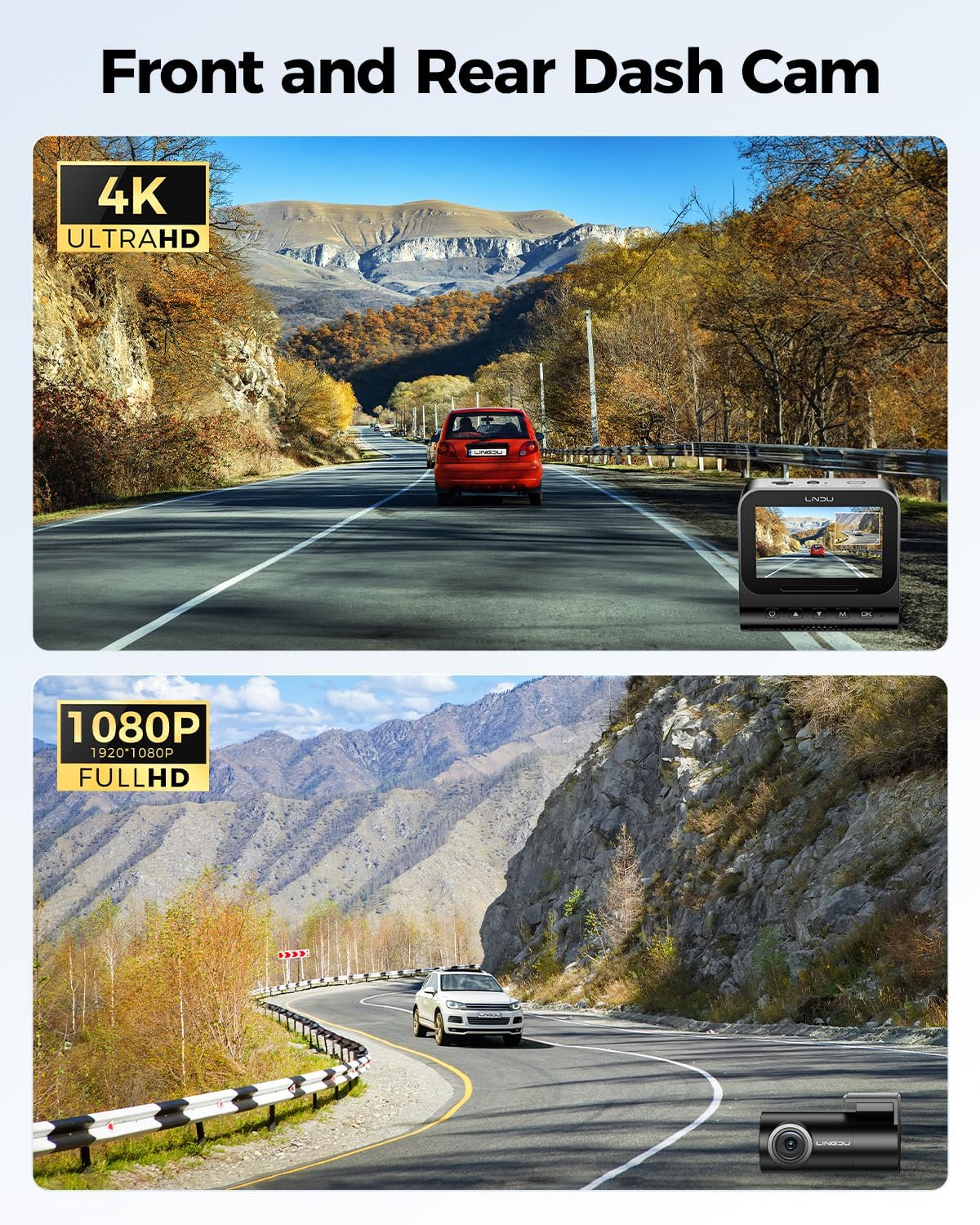 Lingdu V820 4K + 1080P Dual Channel Dash Cam with STARVIS 2 Sensors, Built-in GPS & WiFi, 4G LTE, ADAS, 3” IPS Display, Voice Control & 64GB