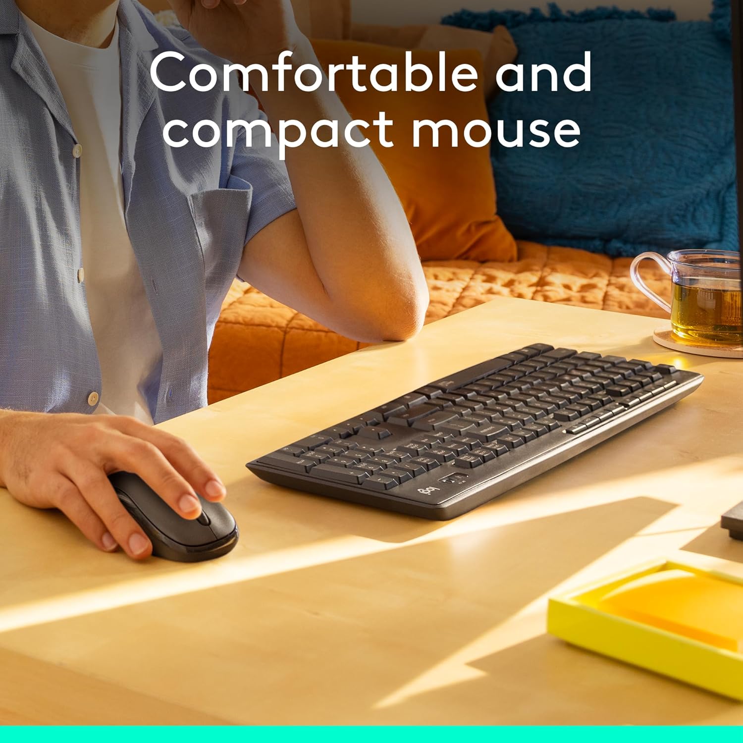 مجموعة لوحة مفاتيح وفأرة لاسلكية صامتة لوجيتك MK295، تقنية SilentTouch، لاسلكي 2.4 جيجاهرتز | لوحة مفاتيح كاملة الحجم مقاومة للانسكاب، فأرة بصرية بدقة 1000 نقطة في البوصة، مدى لاسلكي 10 أمتار، مستقبل USB نانو