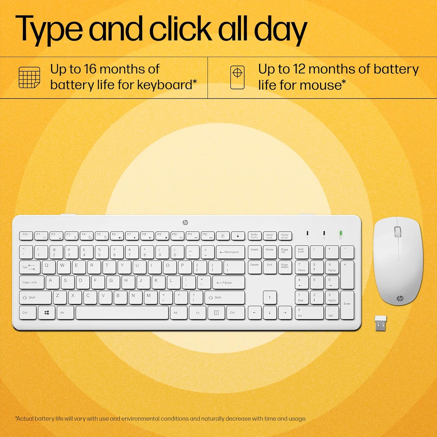 ماوس ولوحة مفاتيح لاسلكيتان HP 230 - أبيض، لاسلكي بتردد 2.4 جيجاهرتز، تصميم كامل الحجم، دقة 1600 نقطة في البوصة