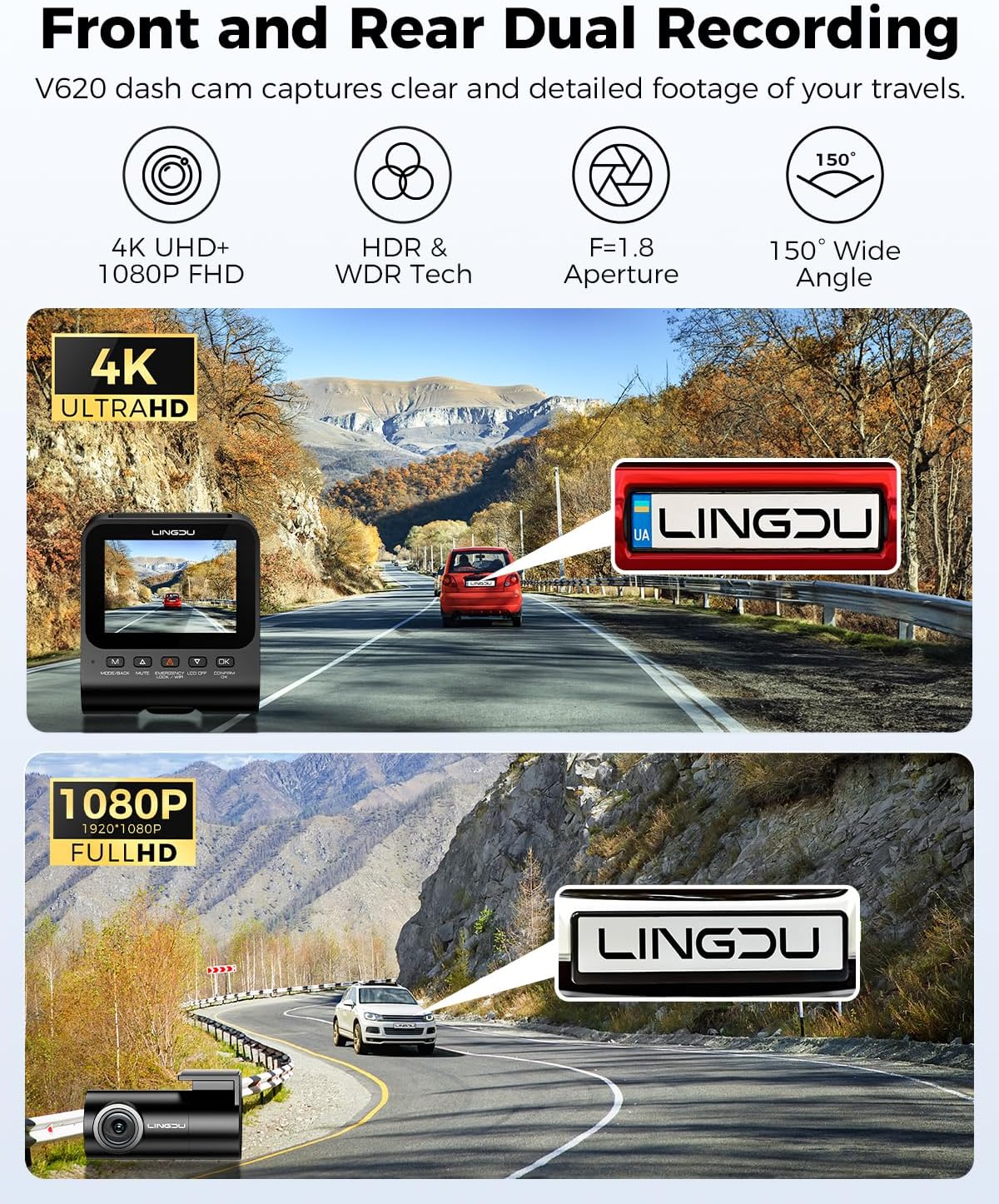Lingdu V620 4K Front and Rear Dash Cam – WiFi6, 4K+1K HDR, 64GB Card Included, Voice Control, ADAS, GPS, Night Vision, Motion Detection, 24H Parking Mode, Upgraded Timeline Playback APP