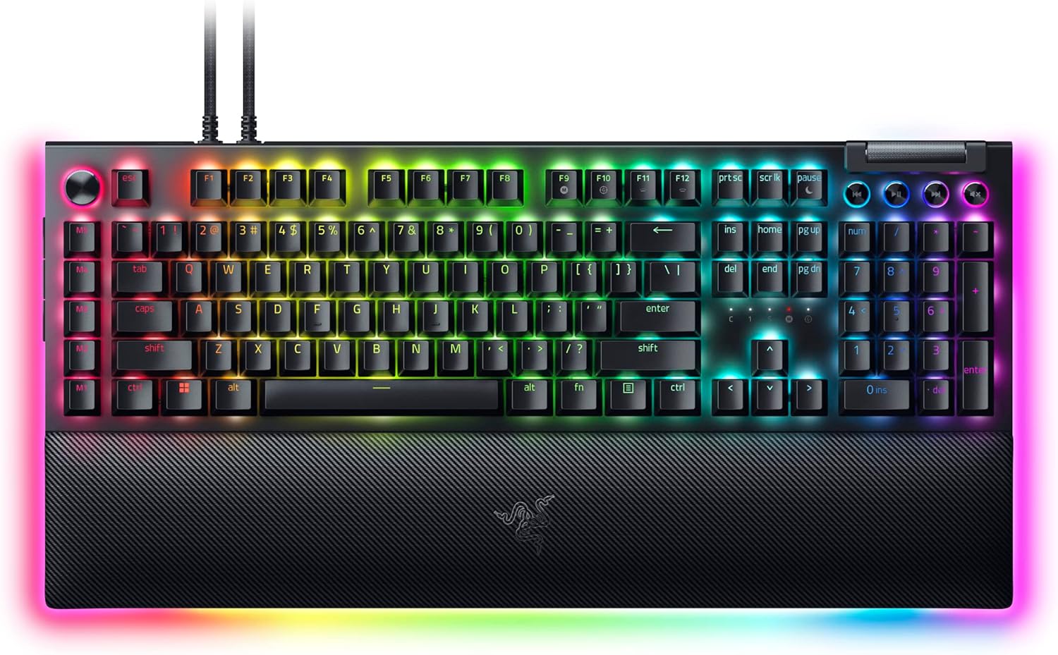 لوحة مفاتيح الألعاب الميكانيكية Razer BlackWidow V4 Pro - مفاتيح صفراء، Chroma RGB، قرص أوامر، 8 مفاتيح ماكرو، USB-C، مسند معصم