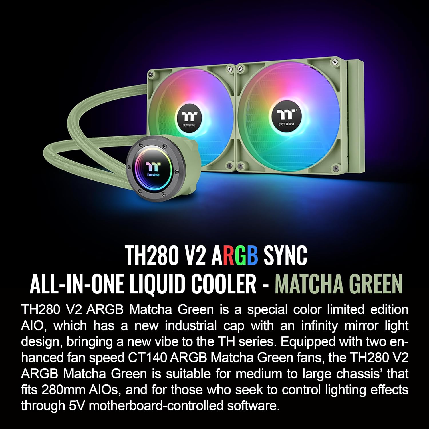مبرد سائل Thermaltakte TH280 V2 ARGB SyncAlO، مروحة 140 مم، 2PWM، 500~1800 دورة في الدقيقة، كتلة مياه مرآة، تحكم مزامنة MB ARGB، لون أخضر متناسق