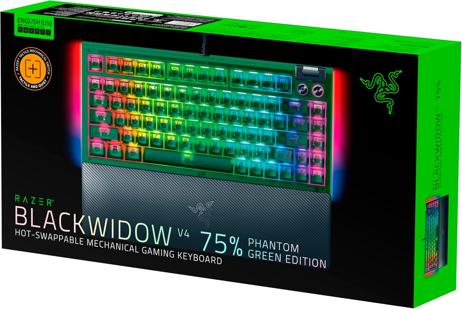 Razer BlackWidow V4 75% Phantom Green Editon - Hot-swappable Mechanical Gaming Keyboard (Orange Tactile Switches, media roller with 2 dedicated media buttons) US Layout