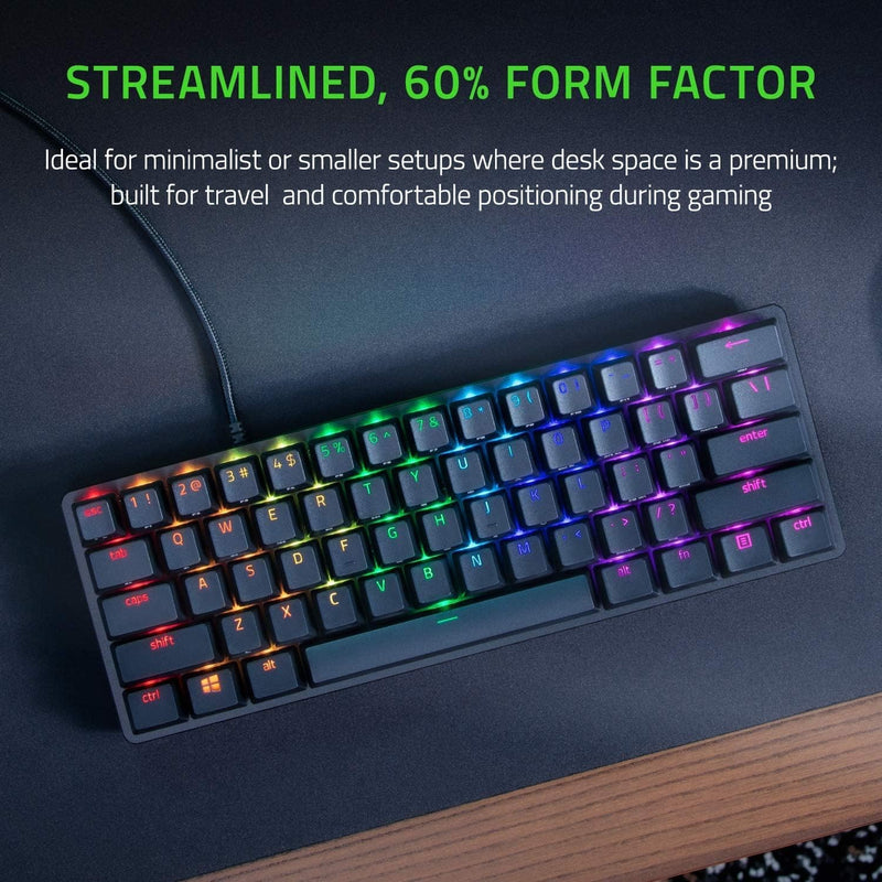 لوحة مفاتيح الألعاب Razer Huntsman Mini 60%، مفتاح أرجواني، مفاتيح بصرية ميكانيكية، أغطية مفاتيح Doubleshot PBT، كابل USB-C قابل للفصل، تخطيط أمريكي - أسود