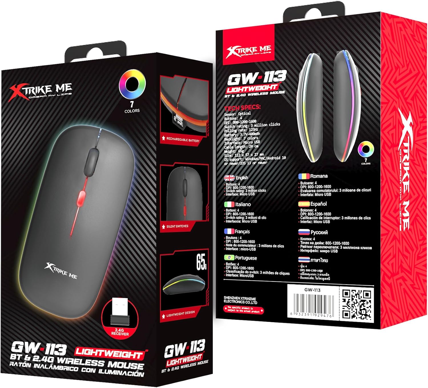xtrike me GW-113 Wireless Dual Modes Mouse, Ergonomic Design, Adjustable DPI, Silent Clicks, Rechargeable Battery, Windows/Mac/Android Compatible, Lightweight, Black