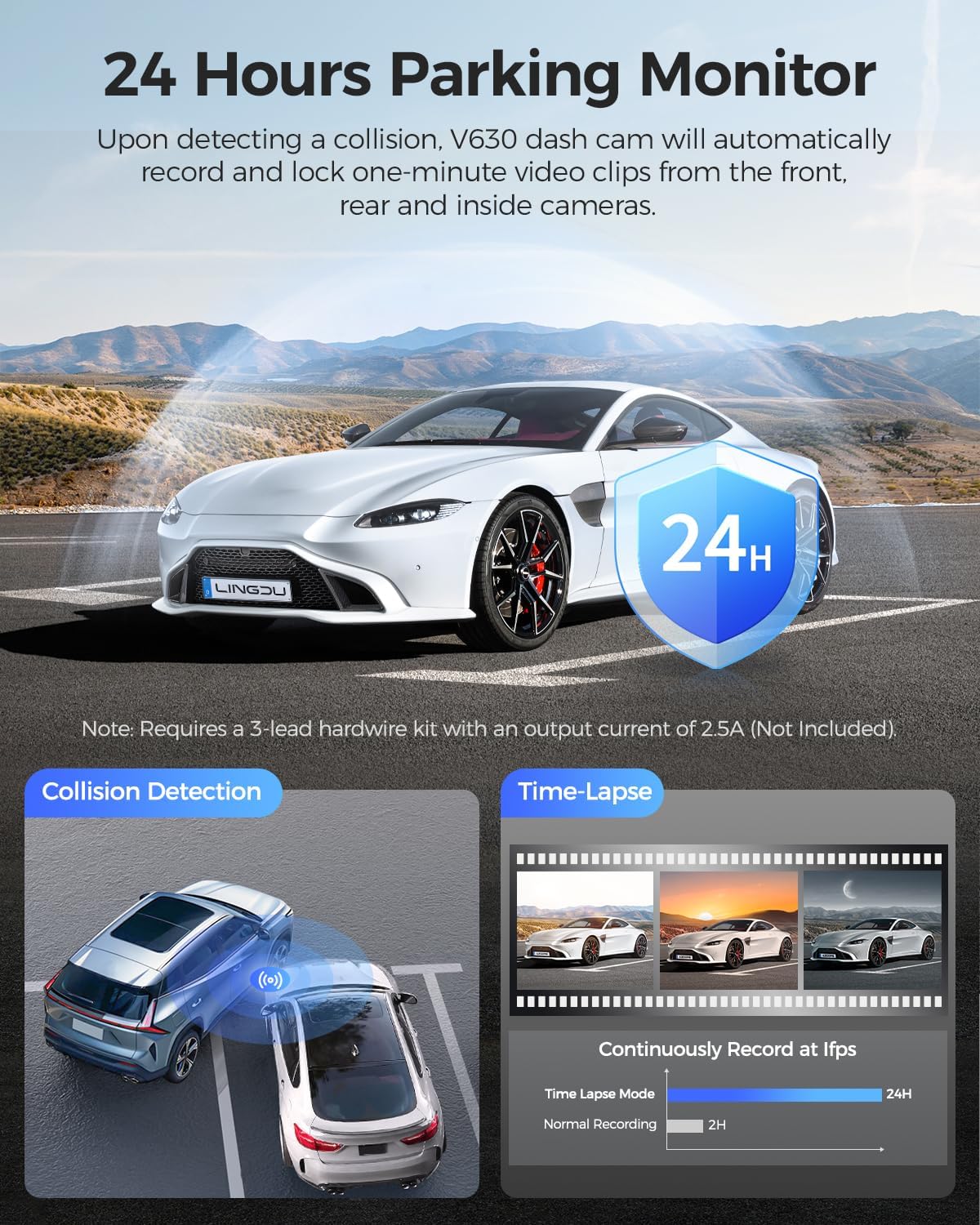 كاميرا داش لينغدو V630 بثلاث قنوات بدقة 4K، كاميرا أمامية 4K + كاميرتان خلفيتان بدقة 1080 بكسل، واي فاي 6 ونظام تحديد المواقع GPS، رؤية ليلية WDR، وضع وقوف السيارات 24 ساعة، بطاقة 64 جيجابايت مرفقة.