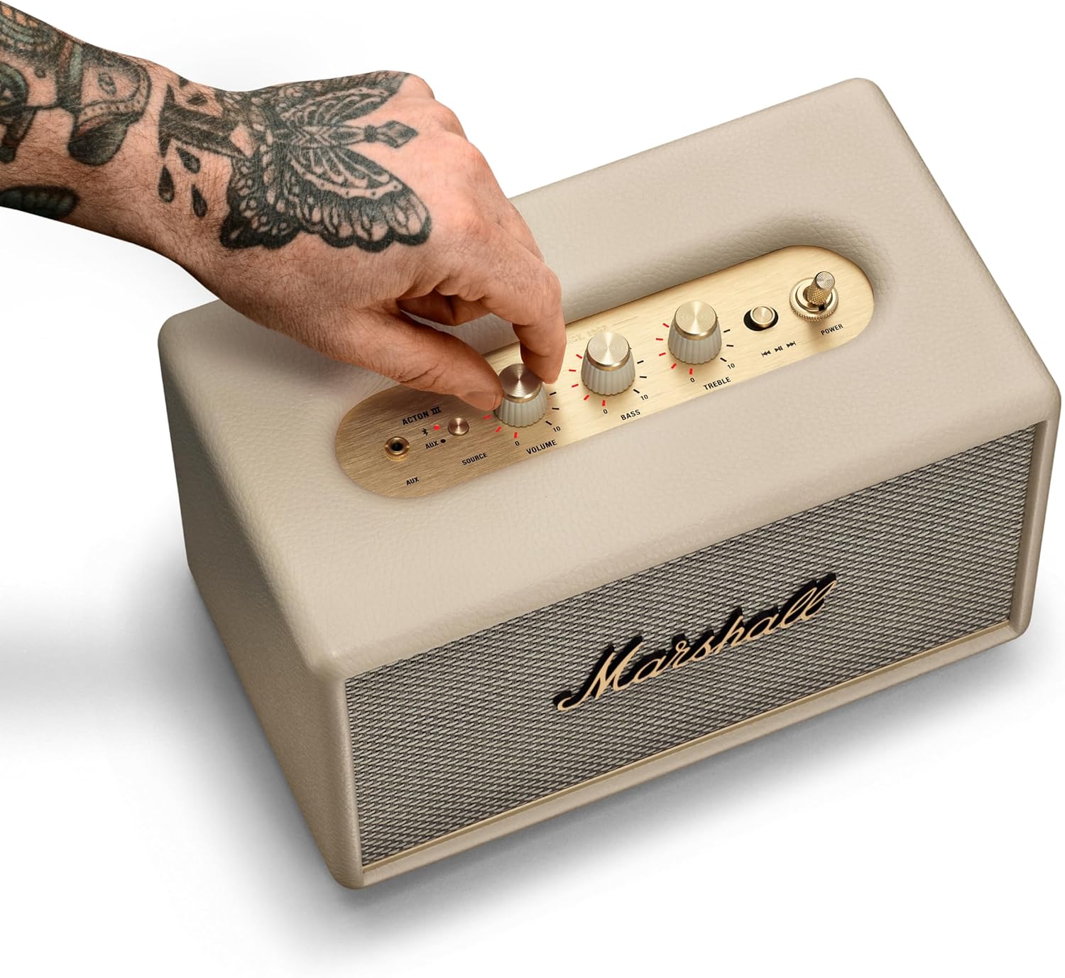 مكبر صوت Marshall Acton III Bluetooth المنزلي - صوت ستيريو عالٍ مع تحكم في الجهير والطبقات العالية، يعمل بالكهرباء، مدخل مساعد 3.5 مم