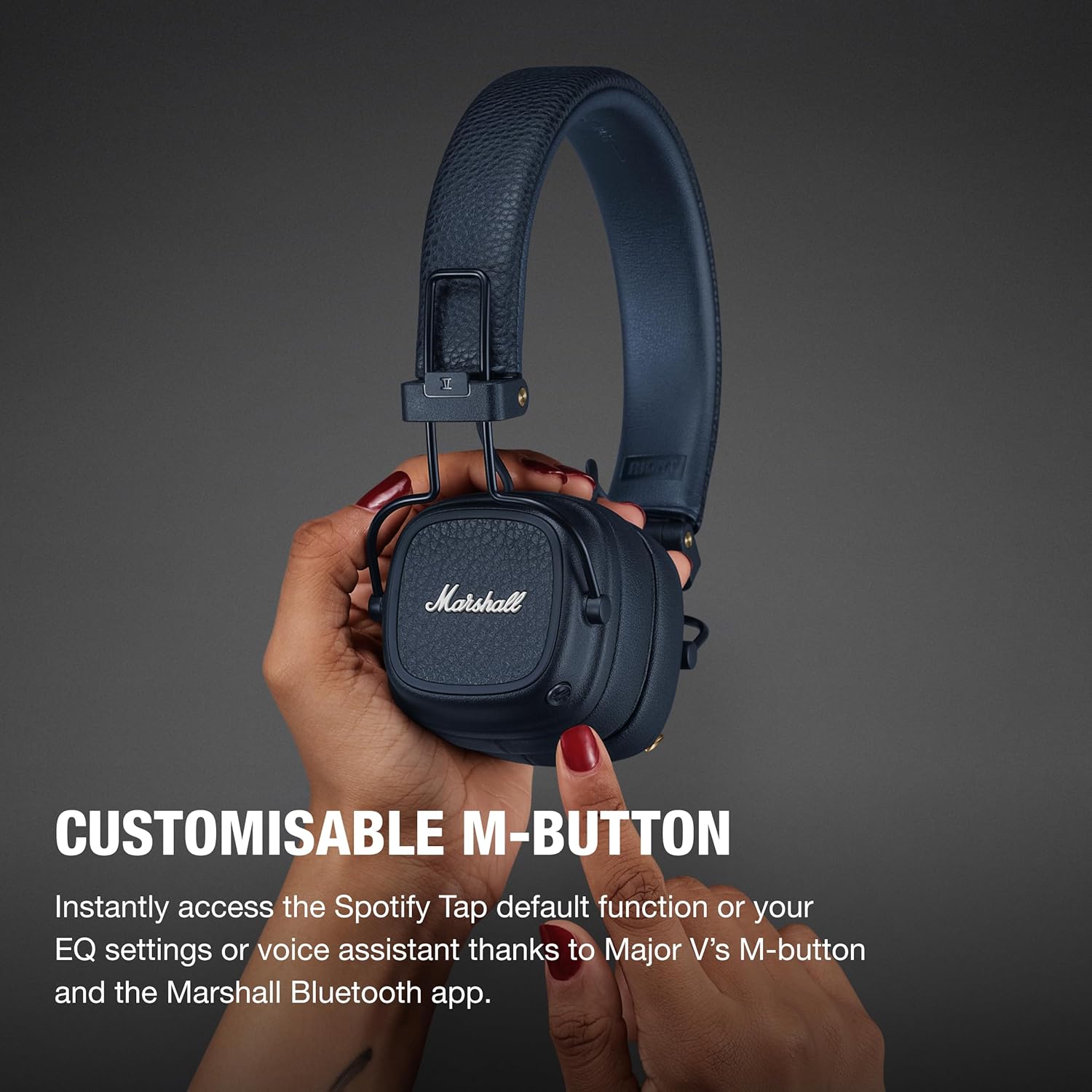 Marshall Major V Wireless On-Ear Bluetooth Headphones - 100+ Hr Playtime - Detachable Audio Cable - Microphone for Calls - Lightweight, Foldable Design for Travel - Midnight Blue