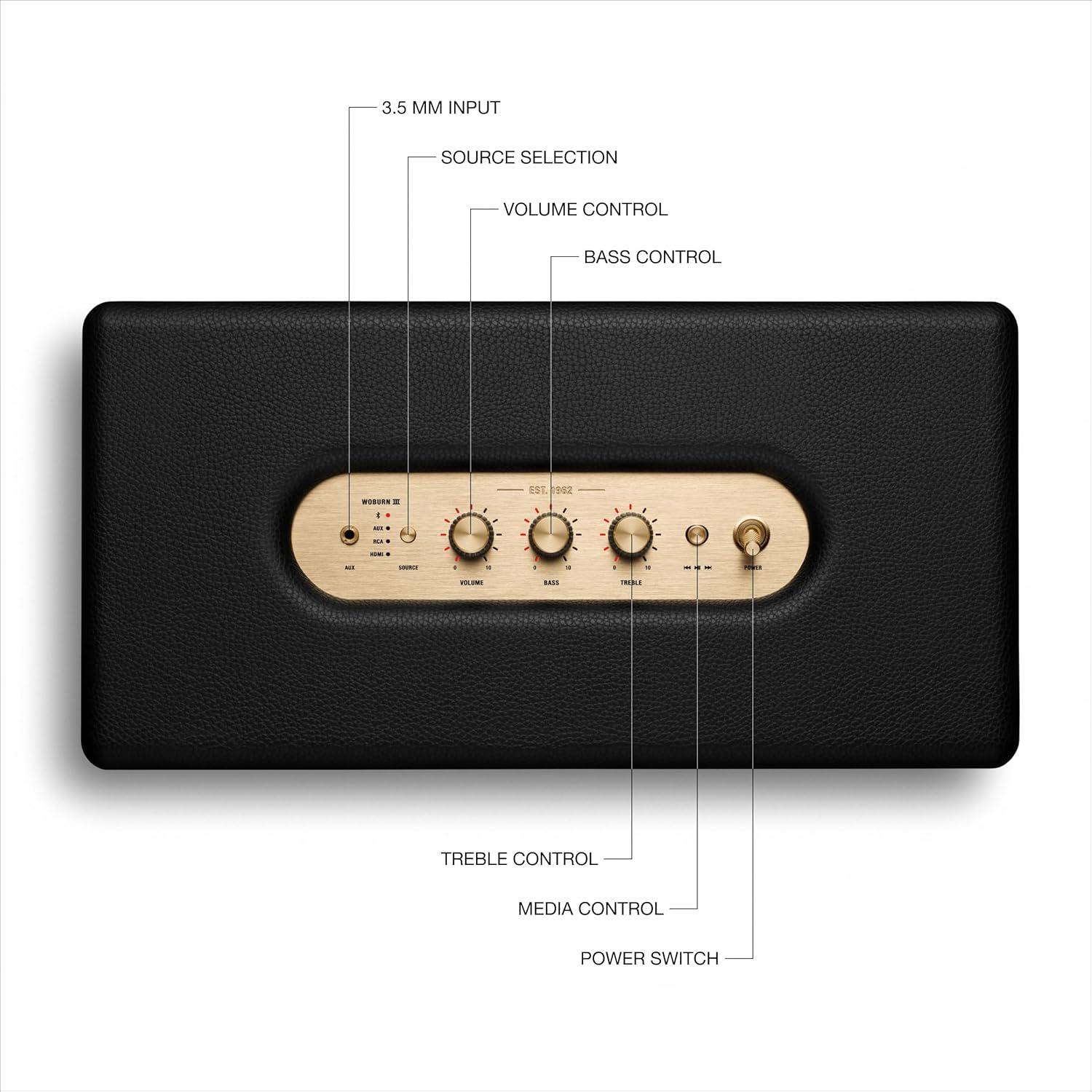 Marshall Woburn III Bluetooth Home Speaker - Loud Stereo Sound with Bass and Treble Controls , Plug-in Powered , Record Player Compatible , HDMI, RCA, 3.5mm Aux Inputs - Black