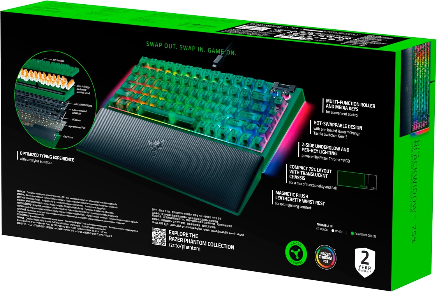 Razer BlackWidow V4 75% Phantom Green Editon - Hot-swappable Mechanical Gaming Keyboard (Orange Tactile Switches, media roller with 2 dedicated media buttons) US Layout