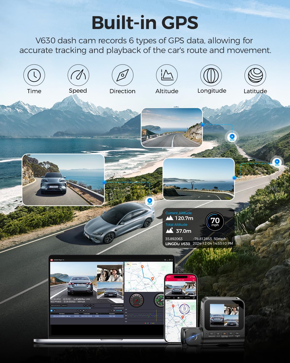 كاميرا داش لينغدو V630 بثلاث قنوات بدقة 4K، كاميرا أمامية 4K + كاميرتان خلفيتان بدقة 1080 بكسل، واي فاي 6 ونظام تحديد المواقع GPS، رؤية ليلية WDR، وضع وقوف السيارات 24 ساعة، بطاقة 64 جيجابايت مرفقة.