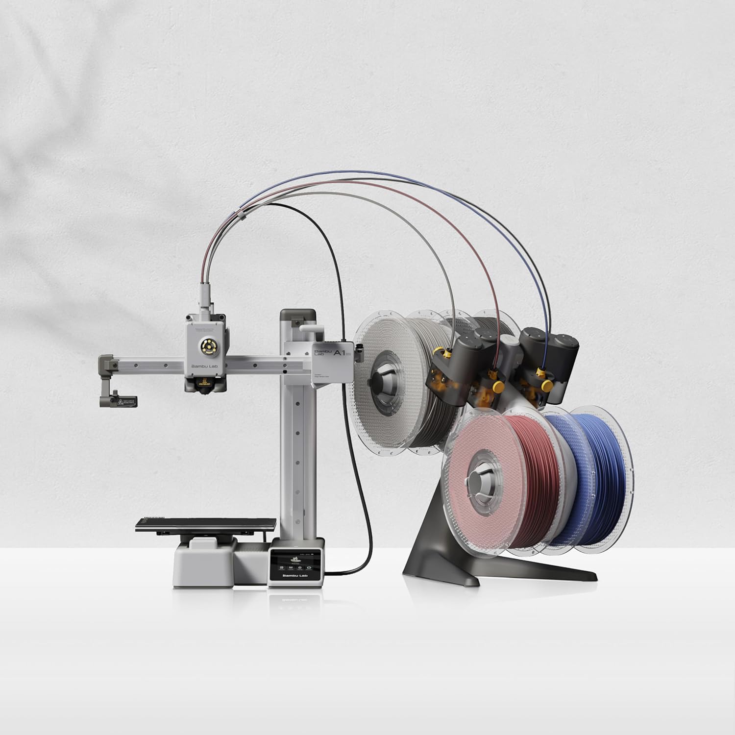 Bambu Lab A1 mini Combo · Multi-Color Printing · Active Flow Rate Compensation · Full Auto Calibration · Plug-N-Play · Active Motor Noise Cancelling · Bed Slinger
