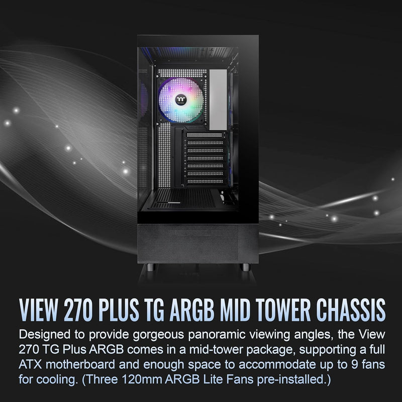 Thermaltake View 270 TG ARGB Mid Tower E-ATX Case; 3x120mm ARGB Fans Included; Support Up to 360mm Radiator; Front & Side Dual Tempered Glass Panel