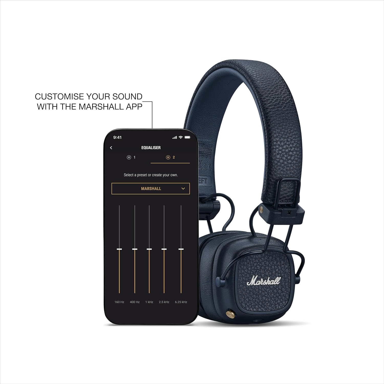 Marshall Major V Wireless On-Ear Bluetooth Headphones - 100+ Hr Playtime - Detachable Audio Cable - Microphone for Calls - Lightweight, Foldable Design for Travel - Midnight Blue