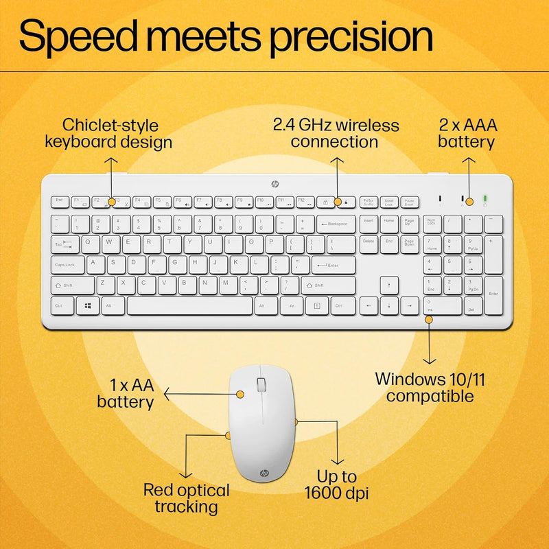 HP 230 Wireless Keyboard and Mouse Combo, 2.4GHz USB dongle, 1600 dpi, Windows PC Compatible, Full-Size Keyboard with Numeric pad, 12 Function Keys