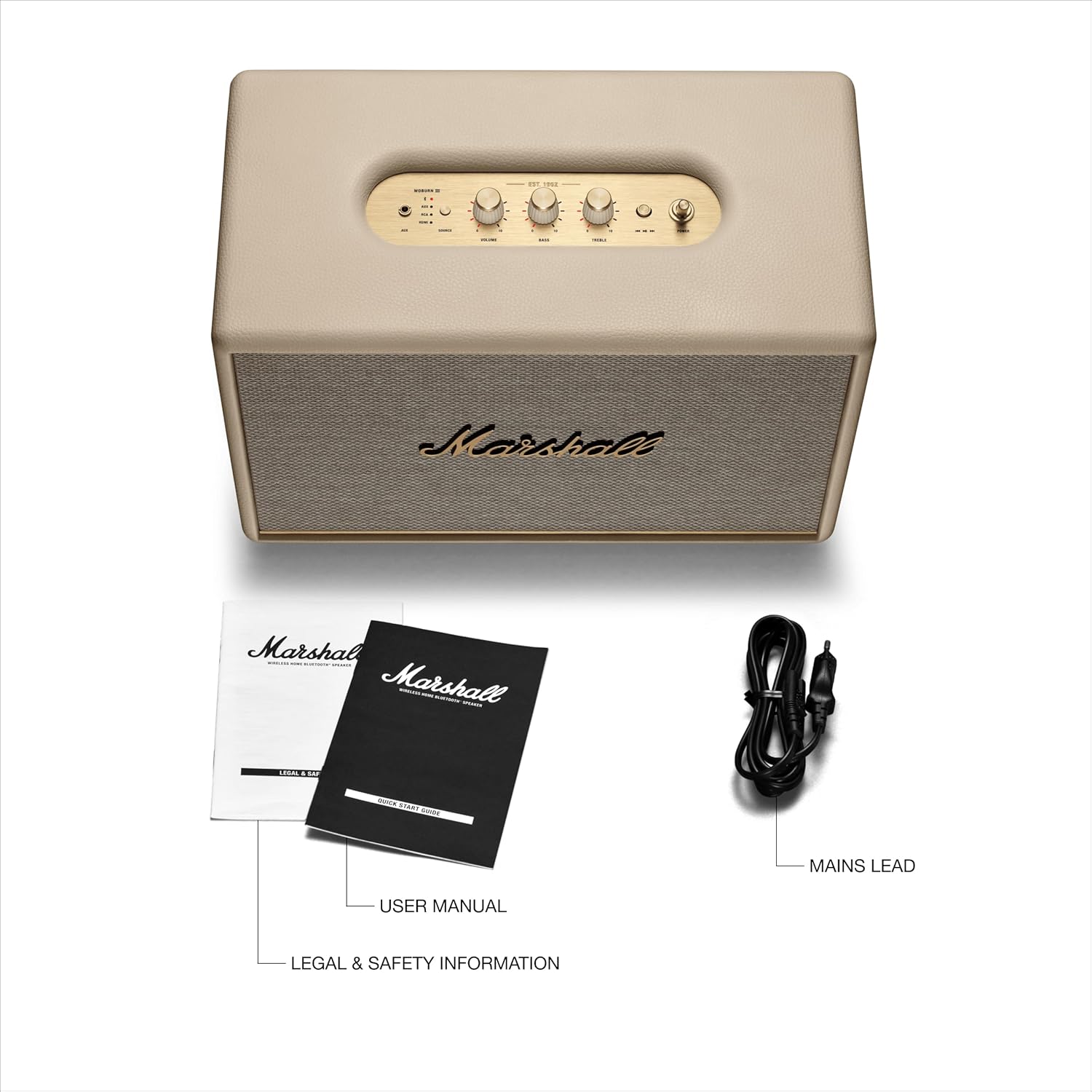 Marshall Woburn III Bluetooth Home Speaker - Loud Stereo Sound with Bass and Treble Controls , Plug-in Powered , Record Player Compatible , HDMI, RCA, 3.5mm Aux Inputs - Cream