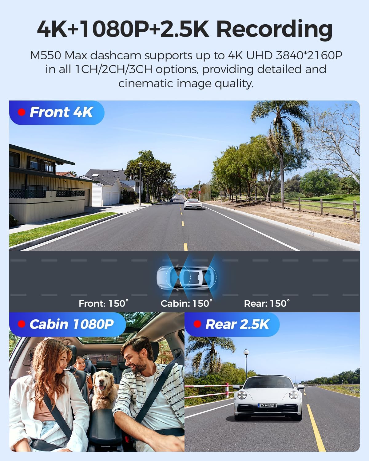 AZDOME M550 Max كاميرا داش 3 قنوات بدقة 4K – أمامية وخلفية وداخلية (4K+2.5K+1080P)، مستشعرات STARVIS مزدوجة، WiFi وGPS، رؤية ليلية بالأشعة تحت الحمراء، وضع وقوف السيارات 24 ساعة، بطاقة 64 جيجابايت مرفقة