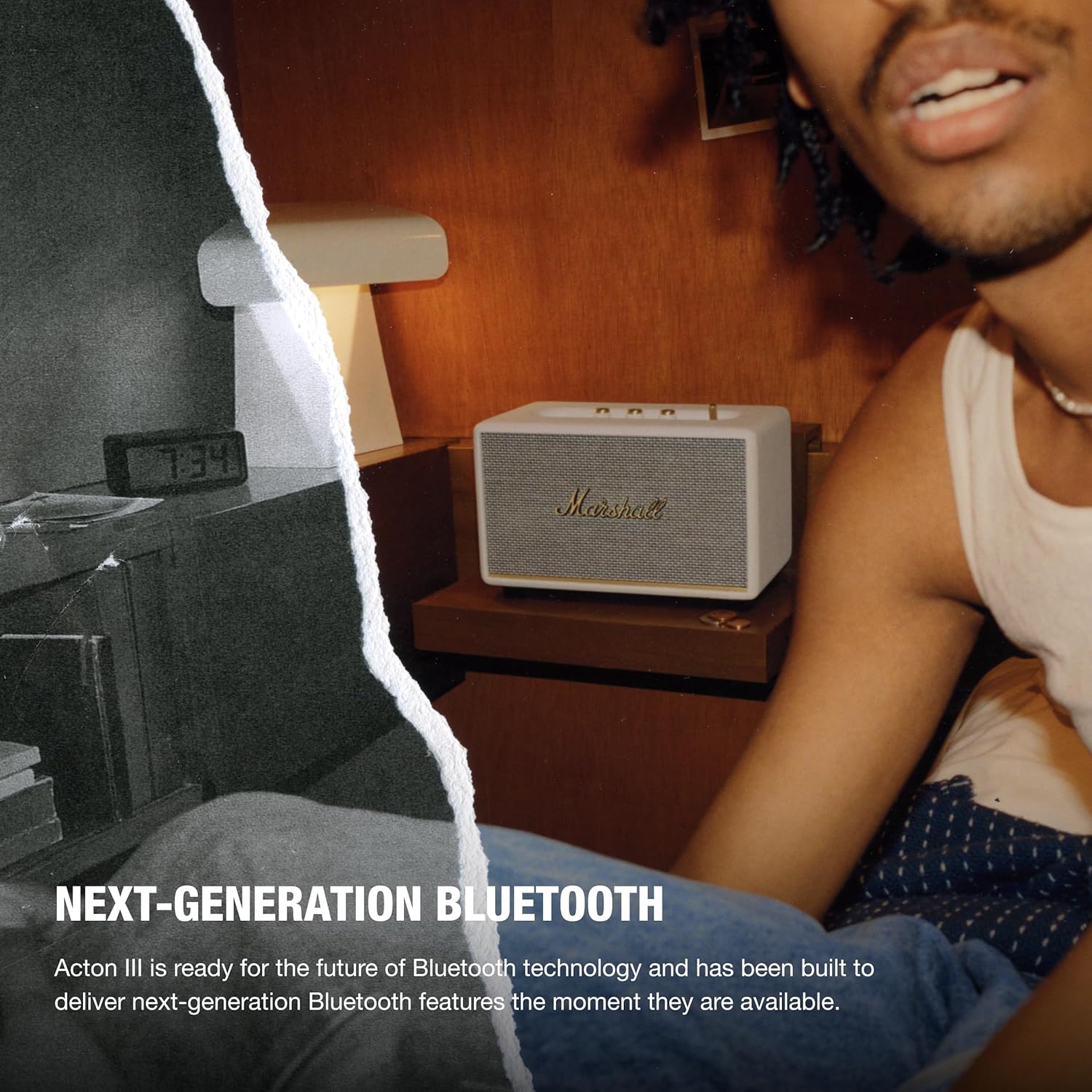 مكبر صوت Marshall Acton III Bluetooth المنزلي - صوت ستيريو عالٍ مع تحكم في الجهير والطبقات العالية، يعمل بالكهرباء، مدخل مساعد 3.5 مم
