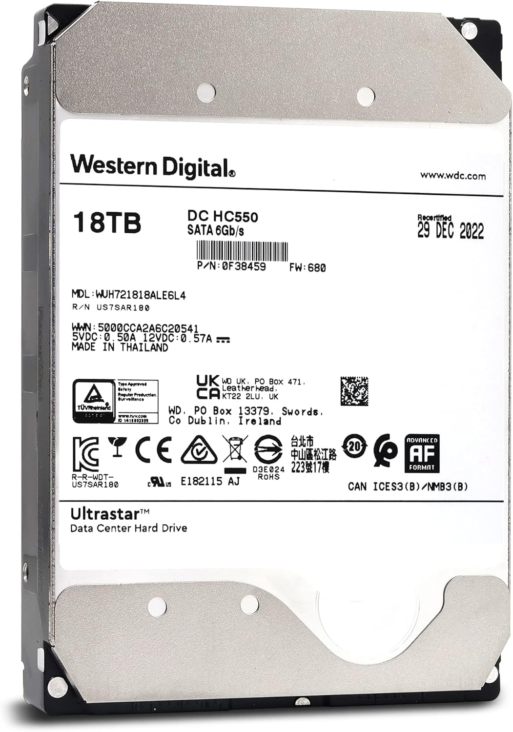 WD Ultrastar DC HC550 18TB Enterprise HDD, 3.5-Inch Internal Hard Drive, 7200RPM, SATA 6Gb/s, 512MB Cache, Data Center Storage, Model WUH721818ALE6L4
