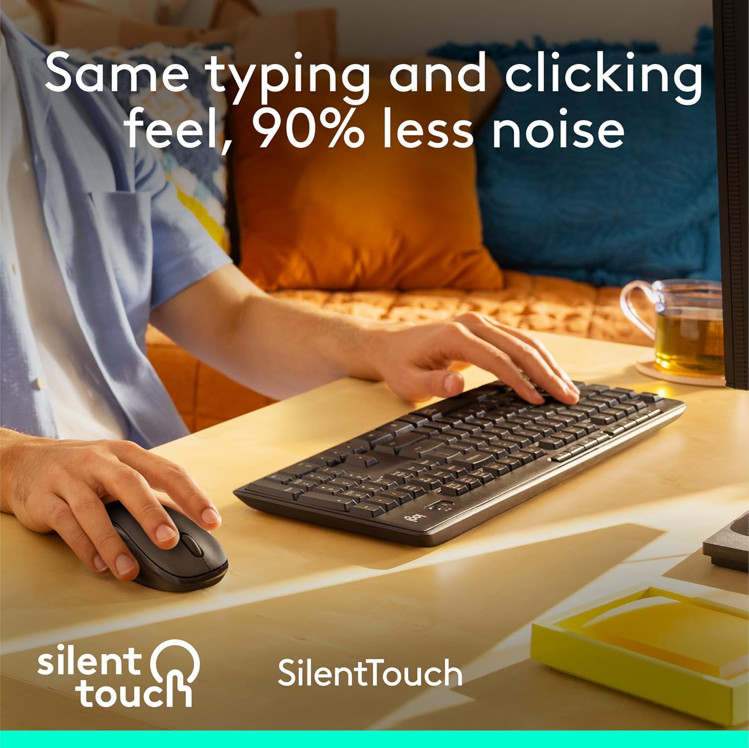 مجموعة لوحة مفاتيح وفأرة لاسلكية صامتة لوجيتك MK295، تقنية SilentTouch، لاسلكي 2.4 جيجاهرتز | لوحة مفاتيح كاملة الحجم مقاومة للانسكاب، فأرة بصرية بدقة 1000 نقطة في البوصة، مدى لاسلكي 10 أمتار، مستقبل USB نانو