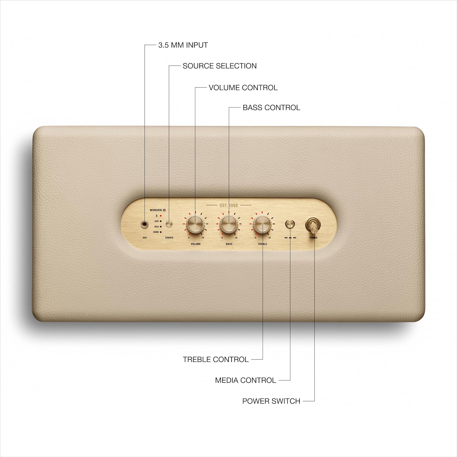 Marshall Woburn III Bluetooth Home Speaker - Loud Stereo Sound with Bass and Treble Controls , Plug-in Powered , Record Player Compatible , HDMI, RCA, 3.5mm Aux Inputs - Cream