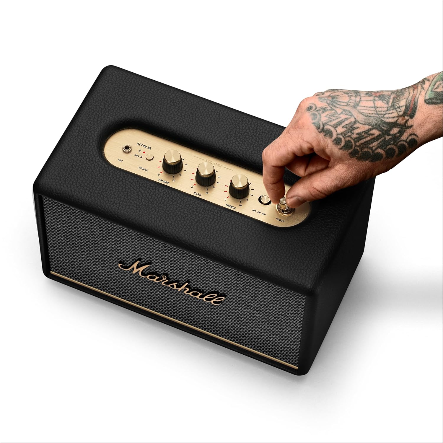 مكبر صوت Marshall Acton III Bluetooth المنزلي - صوت ستيريو عالٍ مع تحكم في الجهير والطبقات العالية، يعمل بالكهرباء، مدخل AUX بحجم 3.5 مم