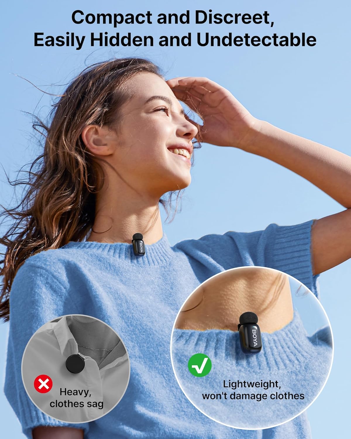 BOYA Mini Ultra-Mini Wireless Lavalier Mic – 16-Bit USB-C & Lightning, 100 m 2.4 GHz Transmit, 6 h Battery + Charging Case, AI Noise Cancelling