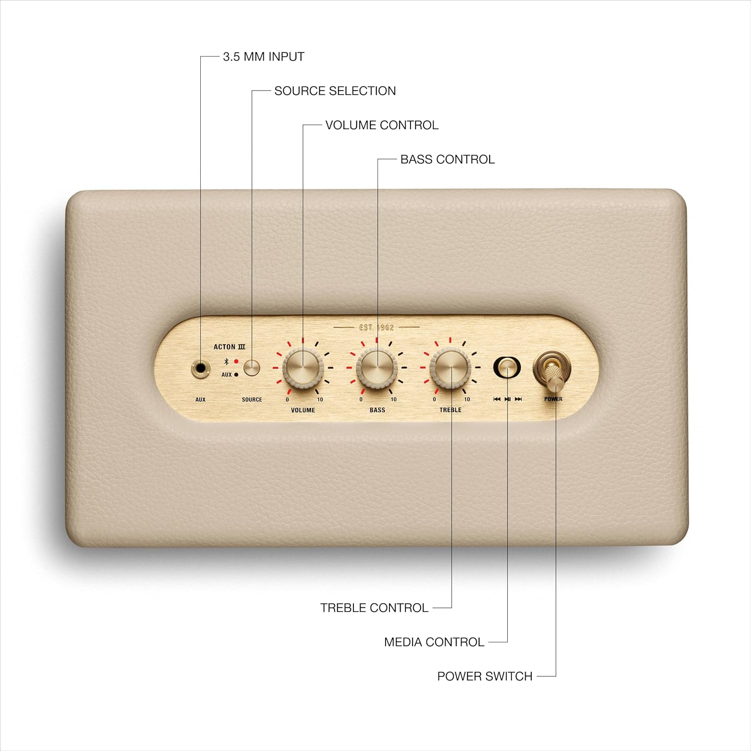 مكبر صوت Marshall Acton III Bluetooth المنزلي - صوت ستيريو عالٍ مع تحكم في الجهير والطبقات العالية، يعمل بالكهرباء، مدخل مساعد 3.5 مم