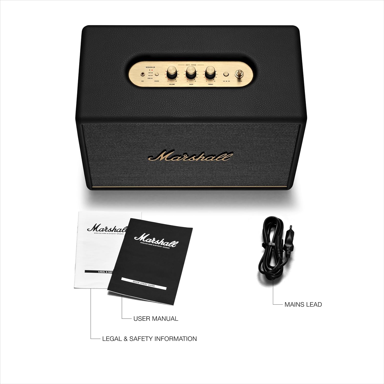 Marshall Woburn III Bluetooth Home Speaker - Loud Stereo Sound with Bass and Treble Controls , Plug-in Powered , Record Player Compatible , HDMI, RCA, 3.5mm Aux Inputs - Black
