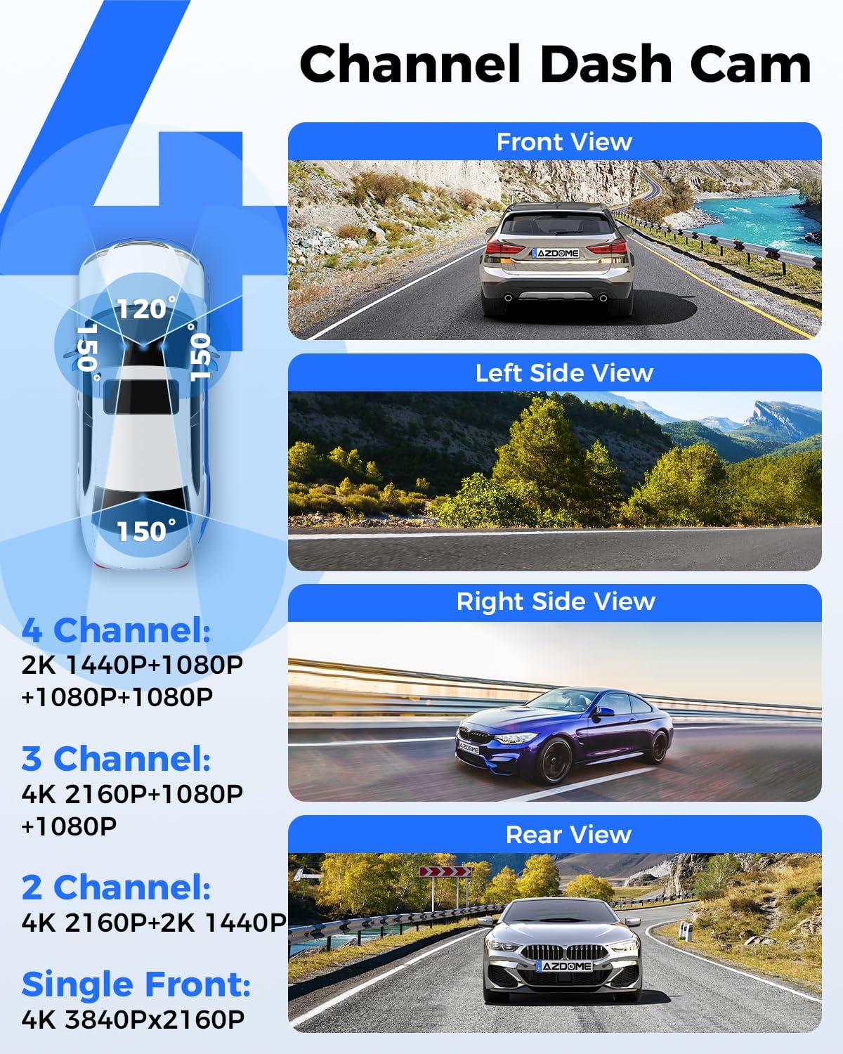 AZDOME M660 360° 4-Channel Dash Cam – 2K Front, 1080P Rear/Inside/Left/Right, Built-in 128GB eMMC, 5G WiFi, Voice Control, 4 Adjustable Lenses, IR Night Vision