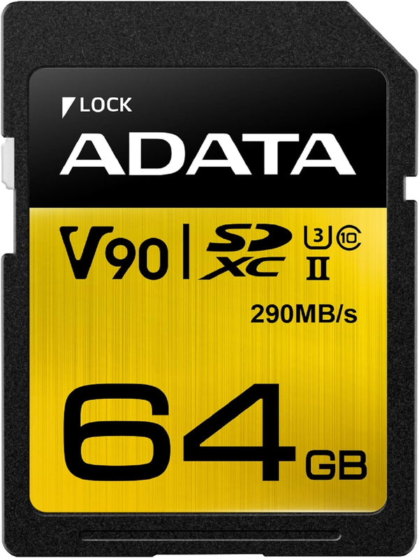 بطاقة SD ADATA Premier ONE سعة 64 جيجابايت SDXC UHS-II U3 ​​Class10 V90 3D NAND 4K 8K Ultra HD بسرعة 290 برميل/الثانية