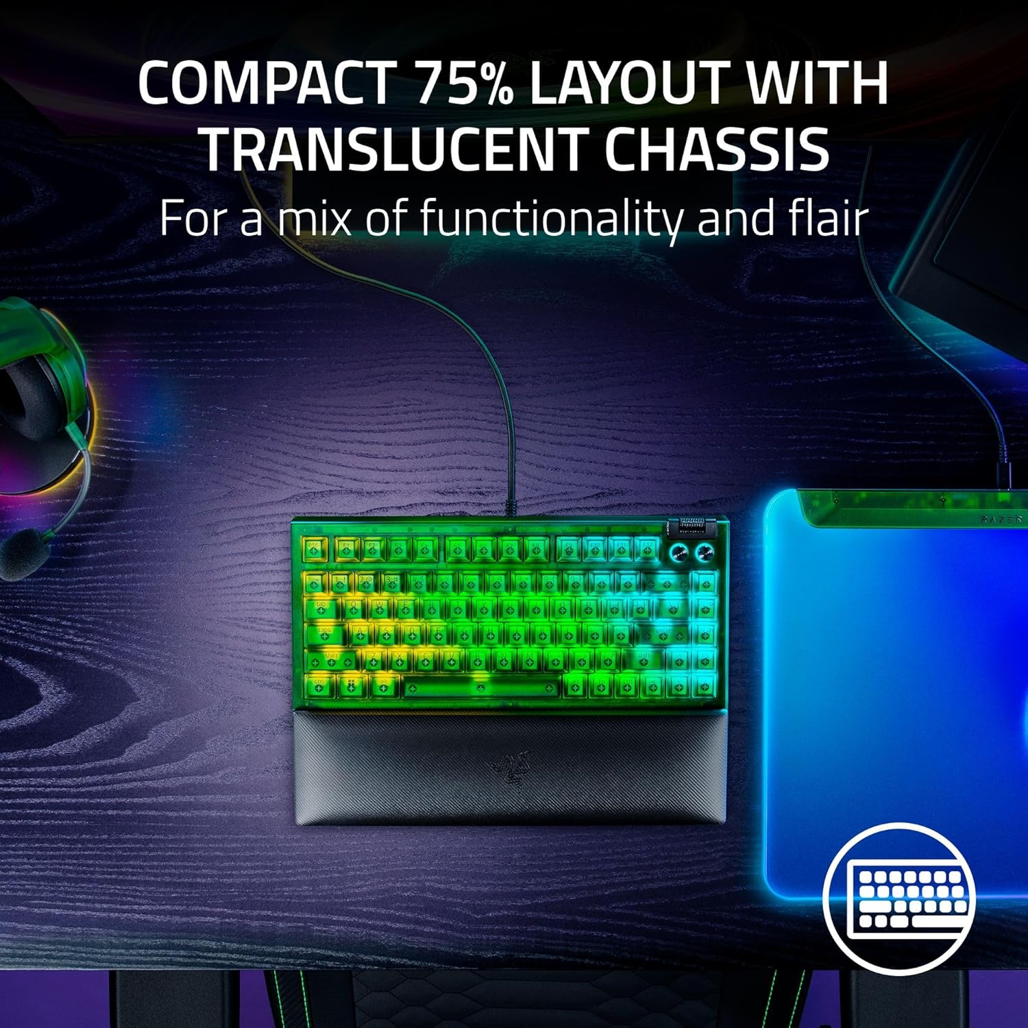 Razer BlackWidow V4 75% Phantom Green Editon - Hot-swappable Mechanical Gaming Keyboard (Orange Tactile Switches, media roller with 2 dedicated media buttons) US Layout