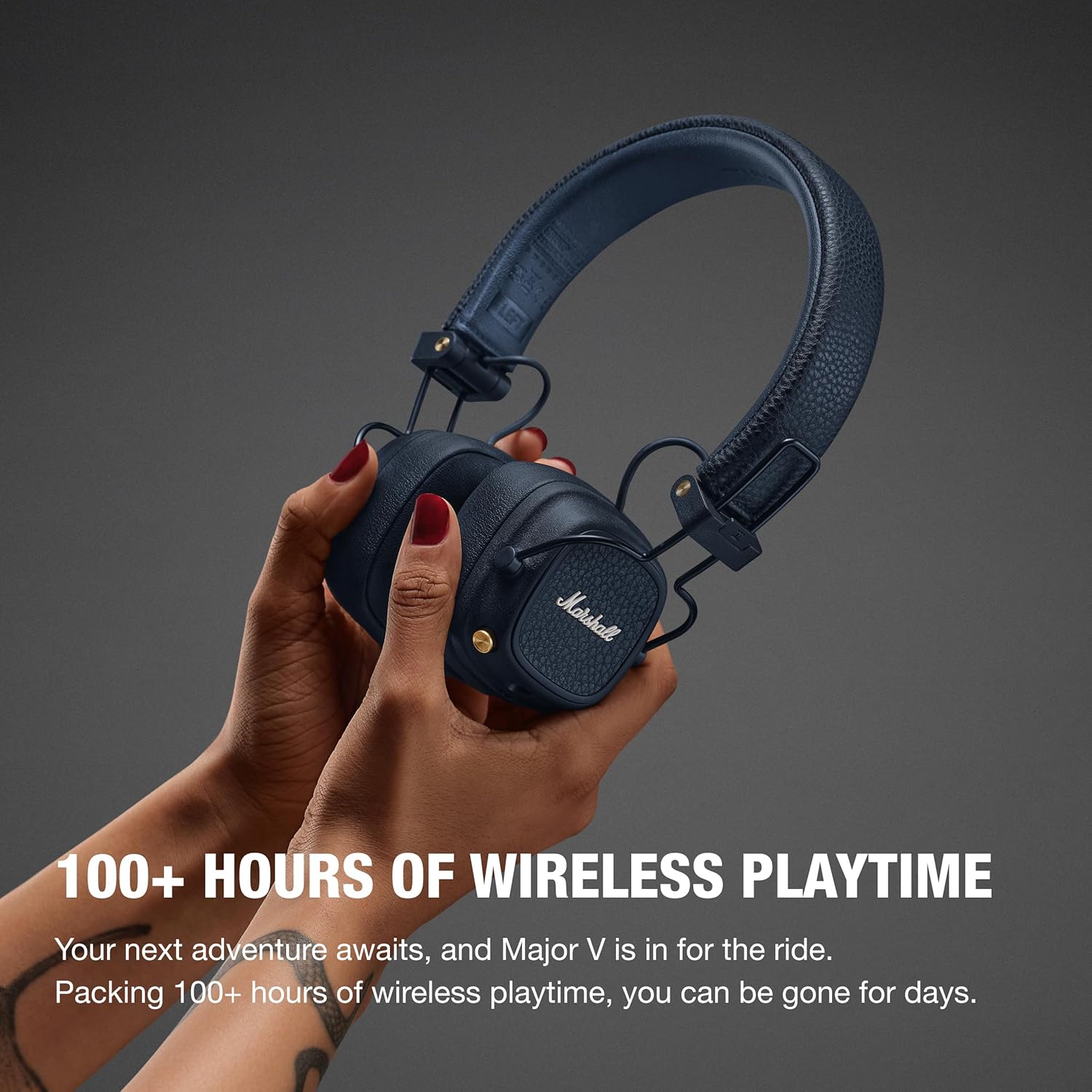 Marshall Major V Wireless On-Ear Bluetooth Headphones - 100+ Hr Playtime - Detachable Audio Cable - Microphone for Calls - Lightweight, Foldable Design for Travel - Midnight Blue
