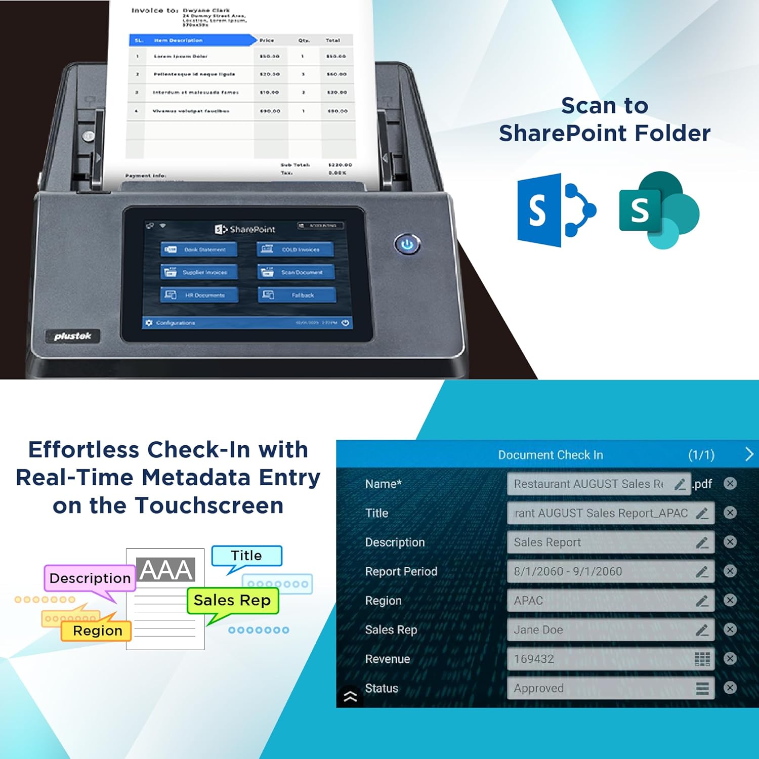 Plustek eScan A450 Pro Standalone Network Document Scanner , 60 ppm / 120 ipm , 7" Touchscreen , 100-Sheet ADF , Built-in OCR , Wi-Fi & Ethernet