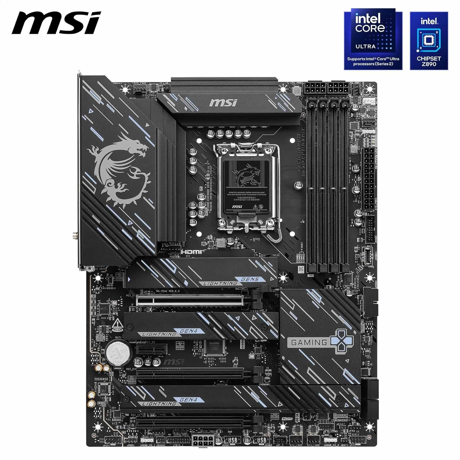 لوحة أم MSI Z890 GAMING PLUS WIFI، ATX - تدعم معالجات Intel Core Ultra (السلسلة 2)، LGA 1851 - DDR5 Memory Boost 9200+MT/s OC، 1 x PCIe 5.0 x16، 1 x M.2 Gen5، Intel Killer 5G LAN، Wi-Fi 7