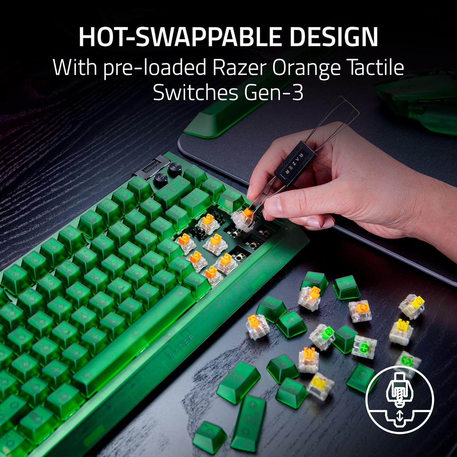 Razer BlackWidow V4 75% Phantom Green Editon - Hot-swappable Mechanical Gaming Keyboard (Orange Tactile Switches, media roller with 2 dedicated media buttons) US Layout