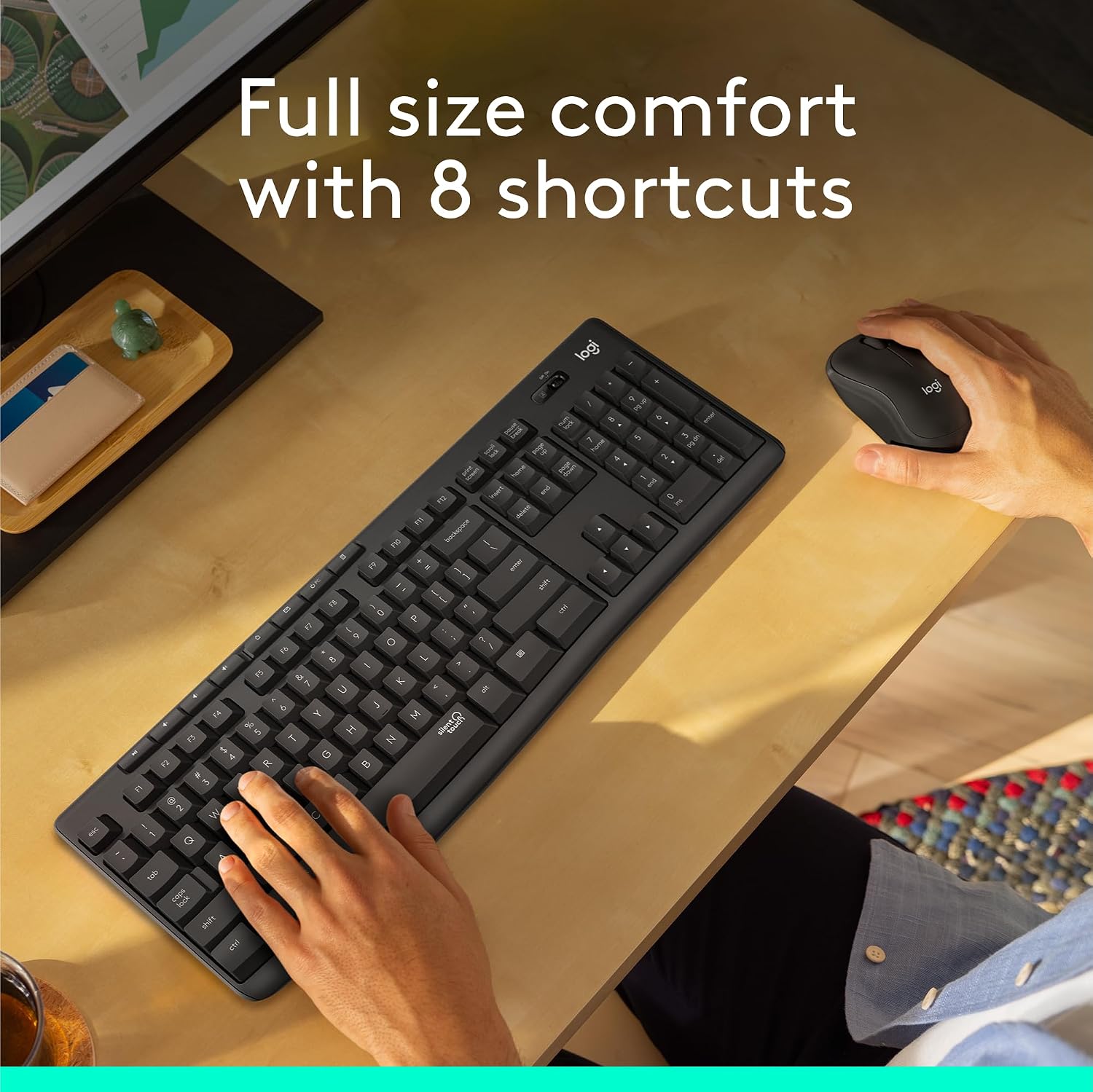 مجموعة لوحة مفاتيح وفأرة لاسلكية صامتة لوجيتك MK295، تقنية SilentTouch، لاسلكي 2.4 جيجاهرتز | لوحة مفاتيح كاملة الحجم مقاومة للانسكاب، فأرة بصرية بدقة 1000 نقطة في البوصة، مدى لاسلكي 10 أمتار، مستقبل USB نانو