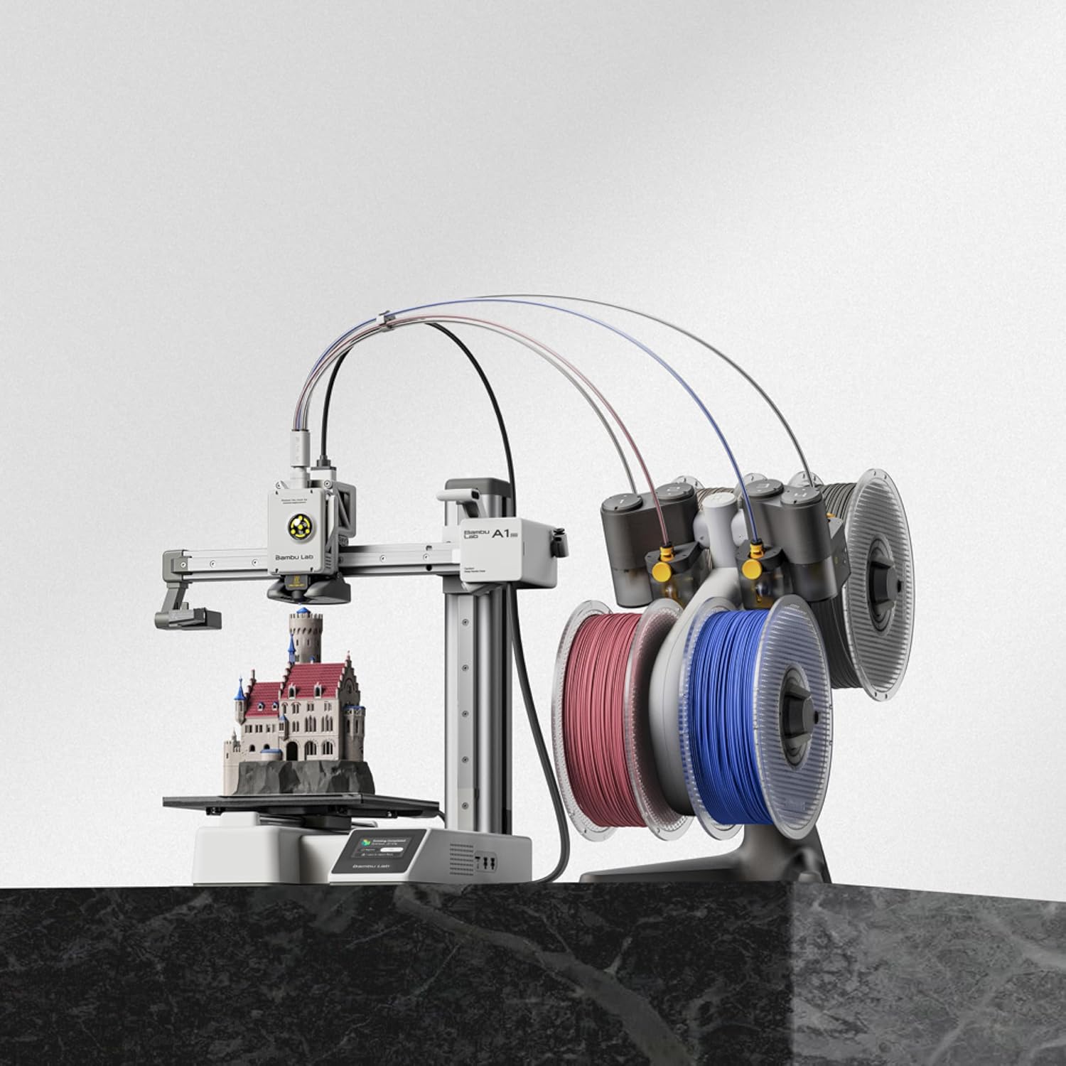 Bambu Lab A1 mini Combo · Multi-Color Printing · Active Flow Rate Compensation · Full Auto Calibration · Plug-N-Play · Active Motor Noise Cancelling · Bed Slinger